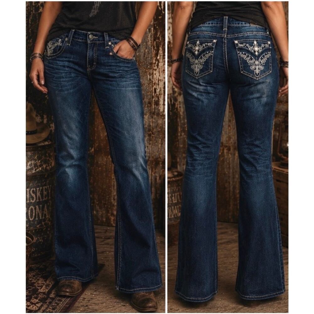 Vintage Grace Jeans low rise Embellished Bootcut Y2K Western Rhinestone 10 Long